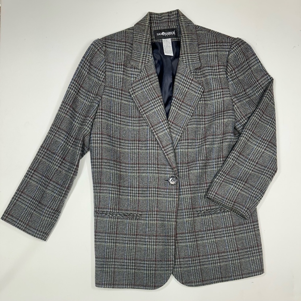 Vintage Plaid Wool Blend Blazer Size S/M Gray Classic Preppy Dark Academia